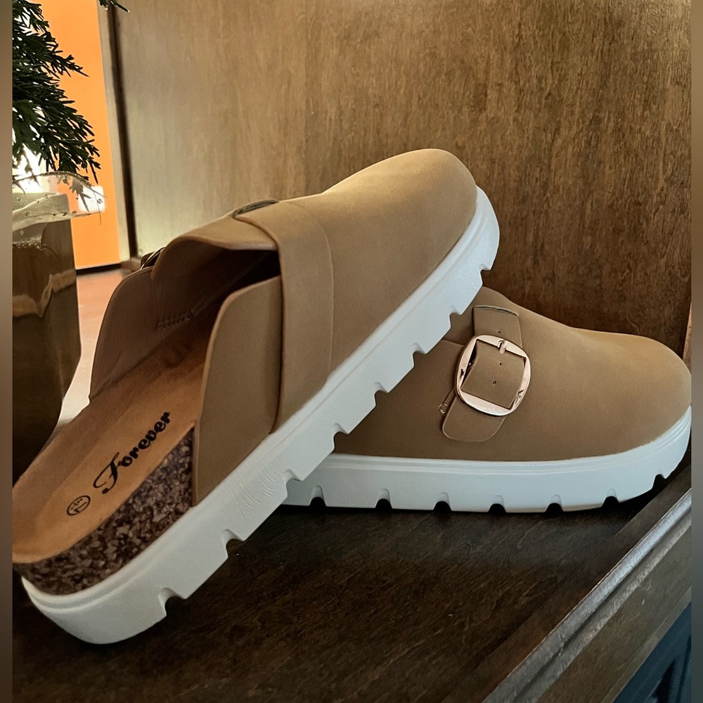 Tan Slip-On Clogs with Gold Buckle